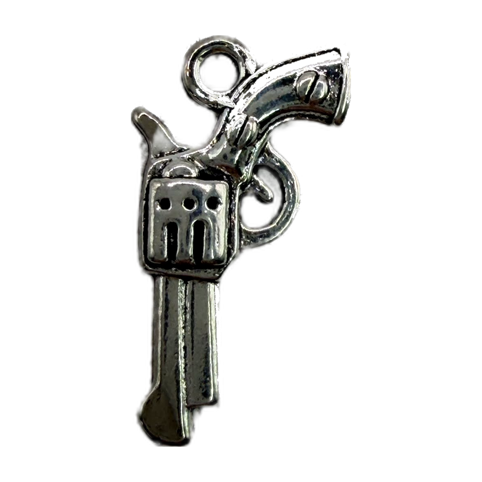 Antiqued silver revolver motif charm with polished highlights
