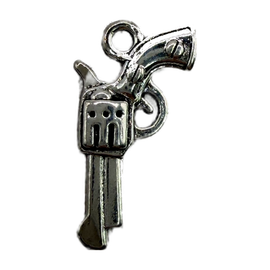 Antiqued silver revolver motif charm with polished highlights