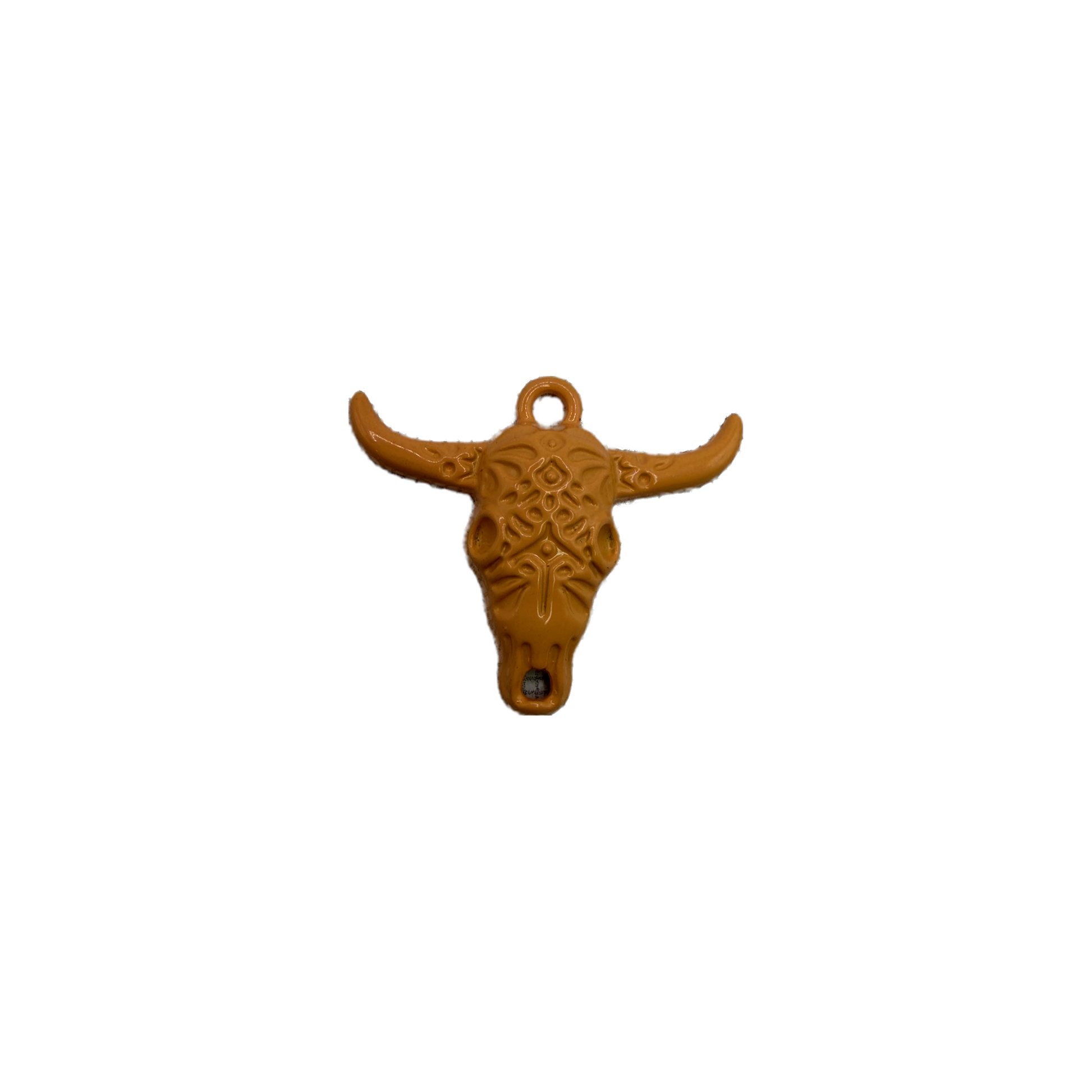 Caramel-brown tooled longhorn skull charm, gold-toned base