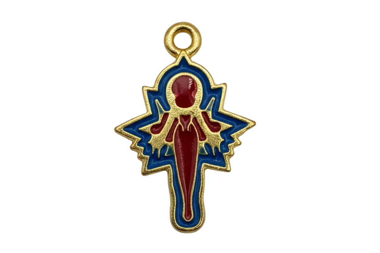Gold starburst woman silhouette charm with glossy red figure and cobalt blue enamel outline