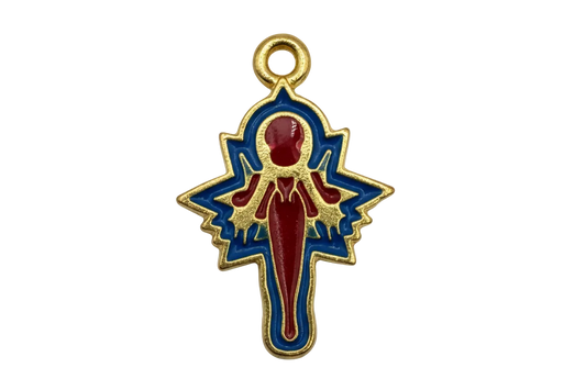Gold starburst woman silhouette charm with glossy red figure and cobalt blue enamel outline