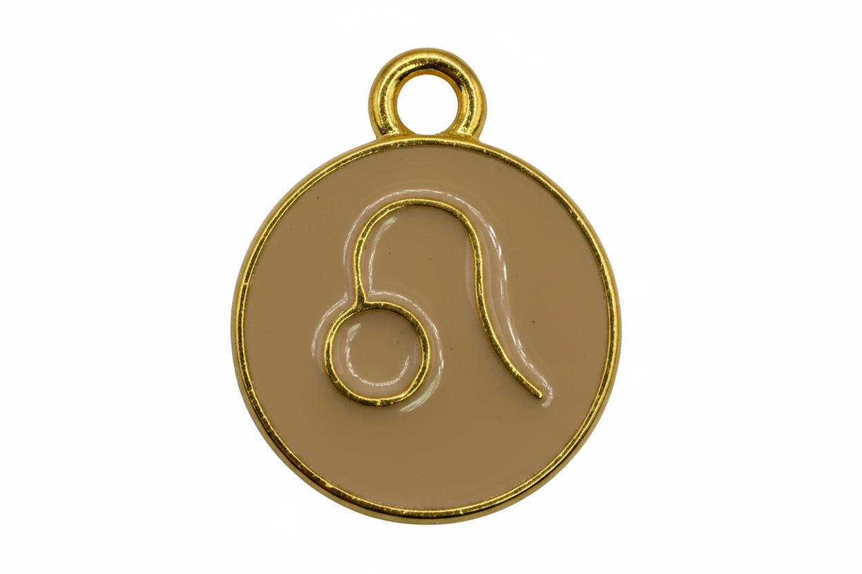 Taupe enamel round disc with gold Leo zodiac symbol and polished gold border