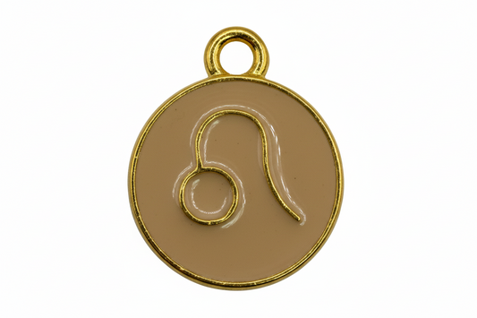 Taupe enamel round disc with gold Leo zodiac symbol and polished gold border