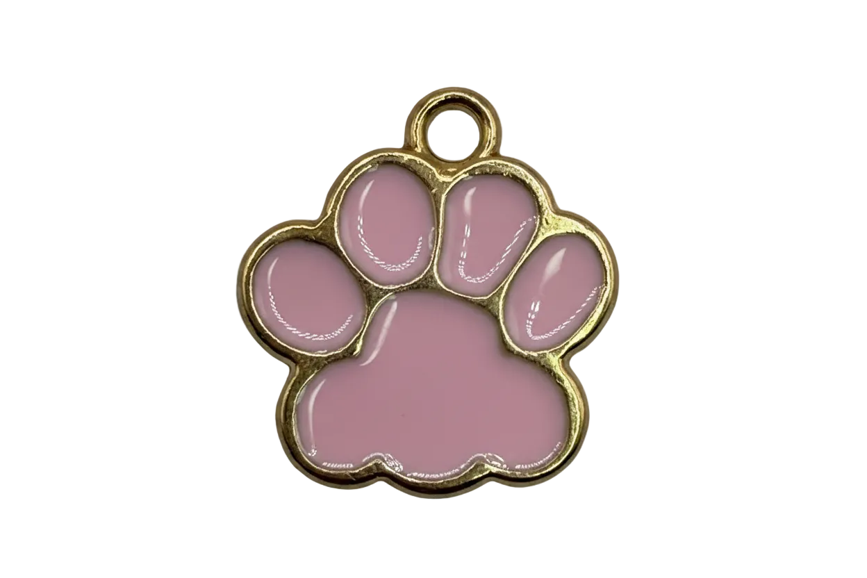 Glossy pink paw print charm with polished gold outline