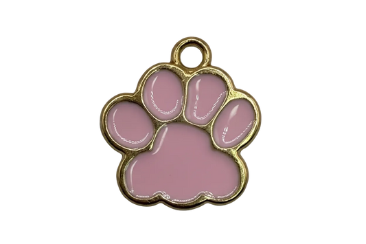 Glossy pink paw print charm with polished gold outline