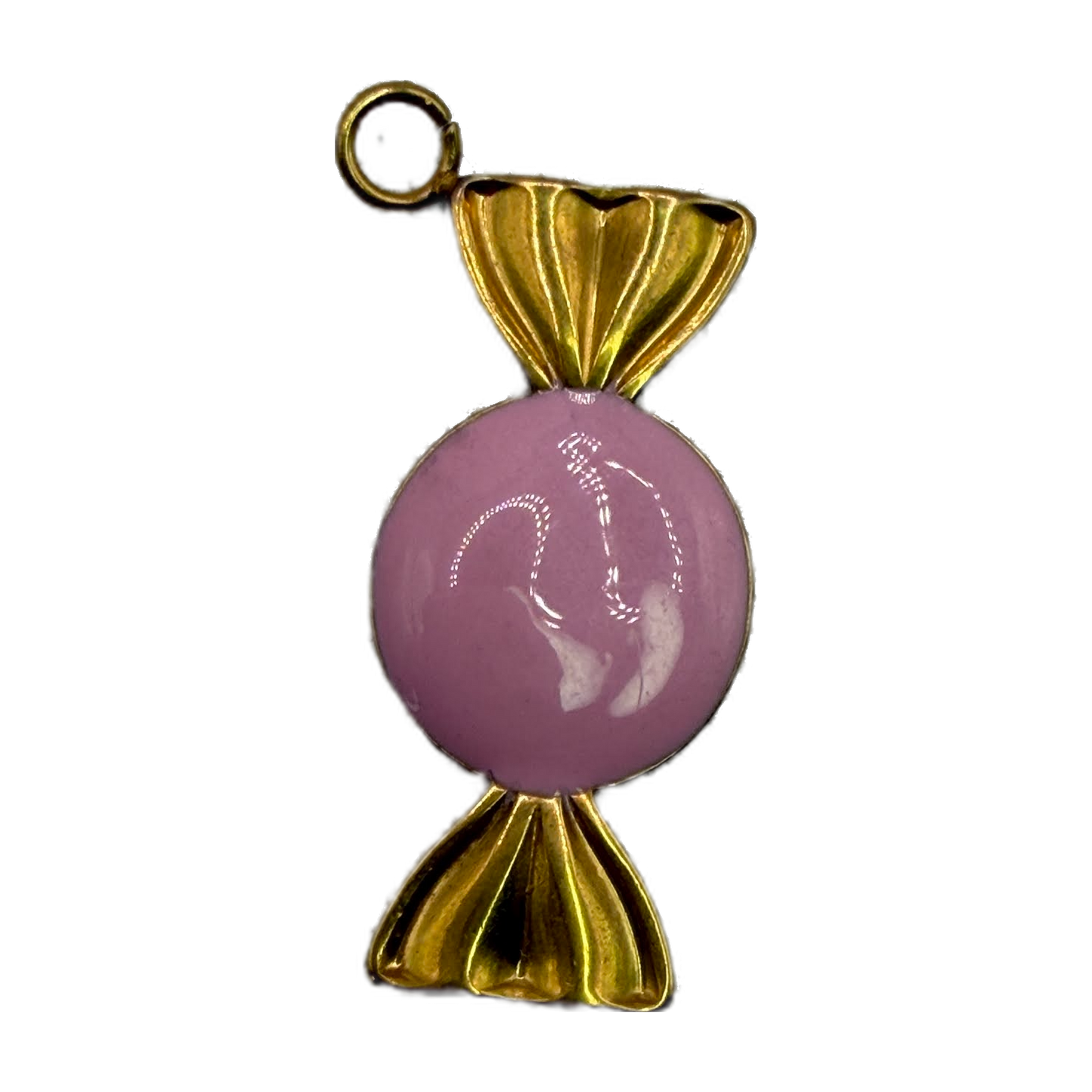 Glossy pastel pink wrapped candy charm with polished gold wrapper details