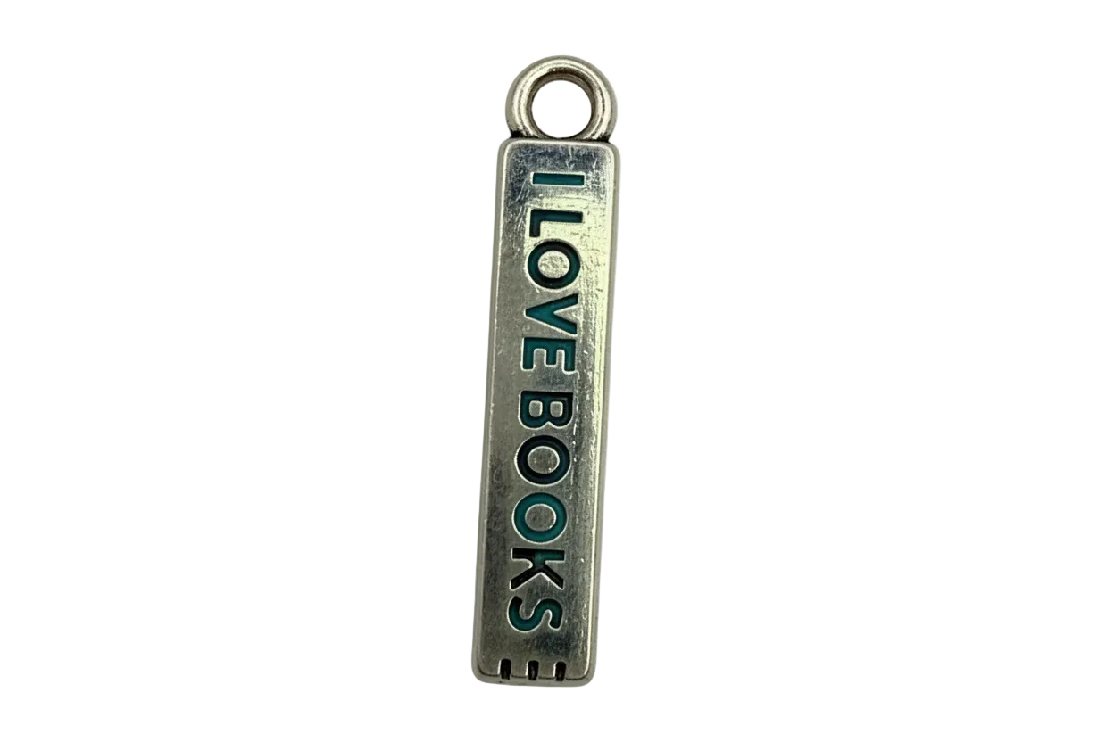 Antique silver rectangular bar charm with blackened “I LOVE BOOKS” lettering