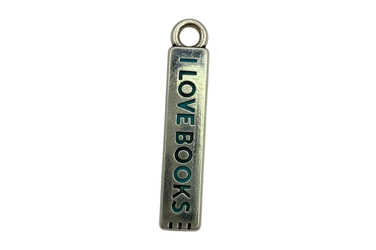 Antique silver rectangular bar charm with blackened “I LOVE BOOKS” lettering