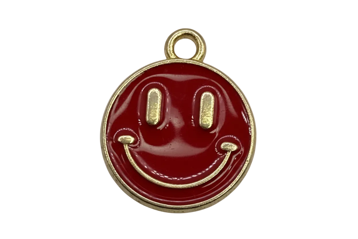 Glossy red smiley face disc with gold outline