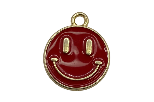 Glossy red smiley face disc with gold outline