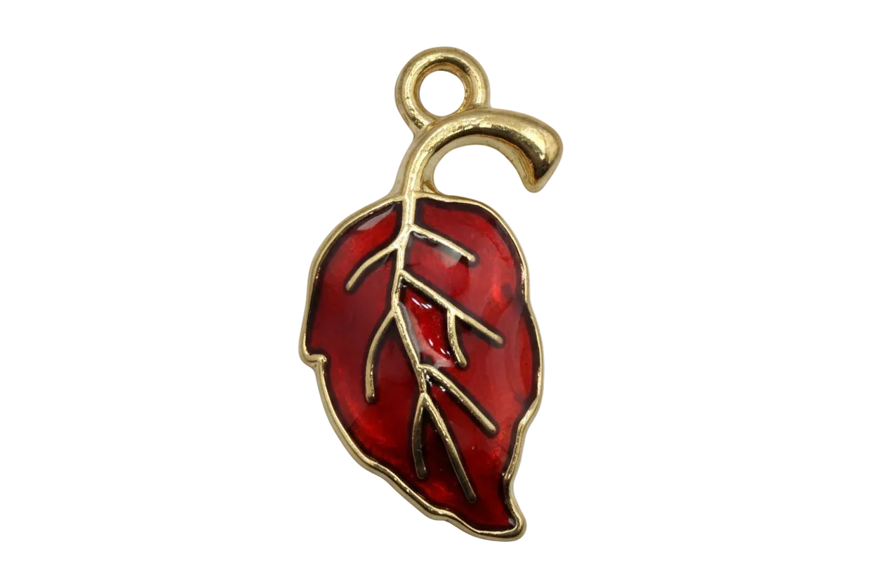 Crimson red enamel leaf charm with gold outline and dark vein detailing