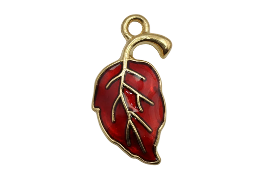 Crimson red enamel leaf charm with gold outline and dark vein detailing