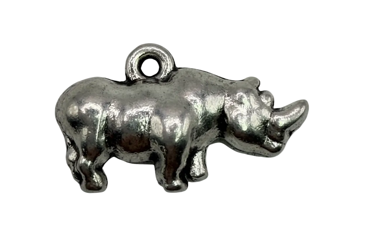 Polished silver-tone rhinoceros figure charm with sculpted details