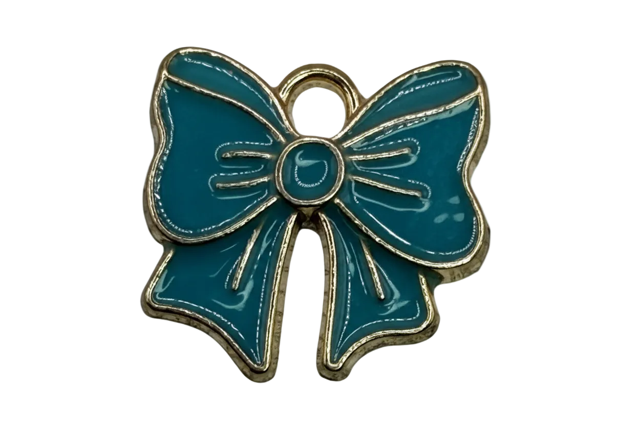 Glossy teal ribbon bow with gold-toned outline