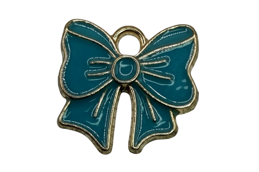 Glossy teal ribbon bow with gold-toned outline