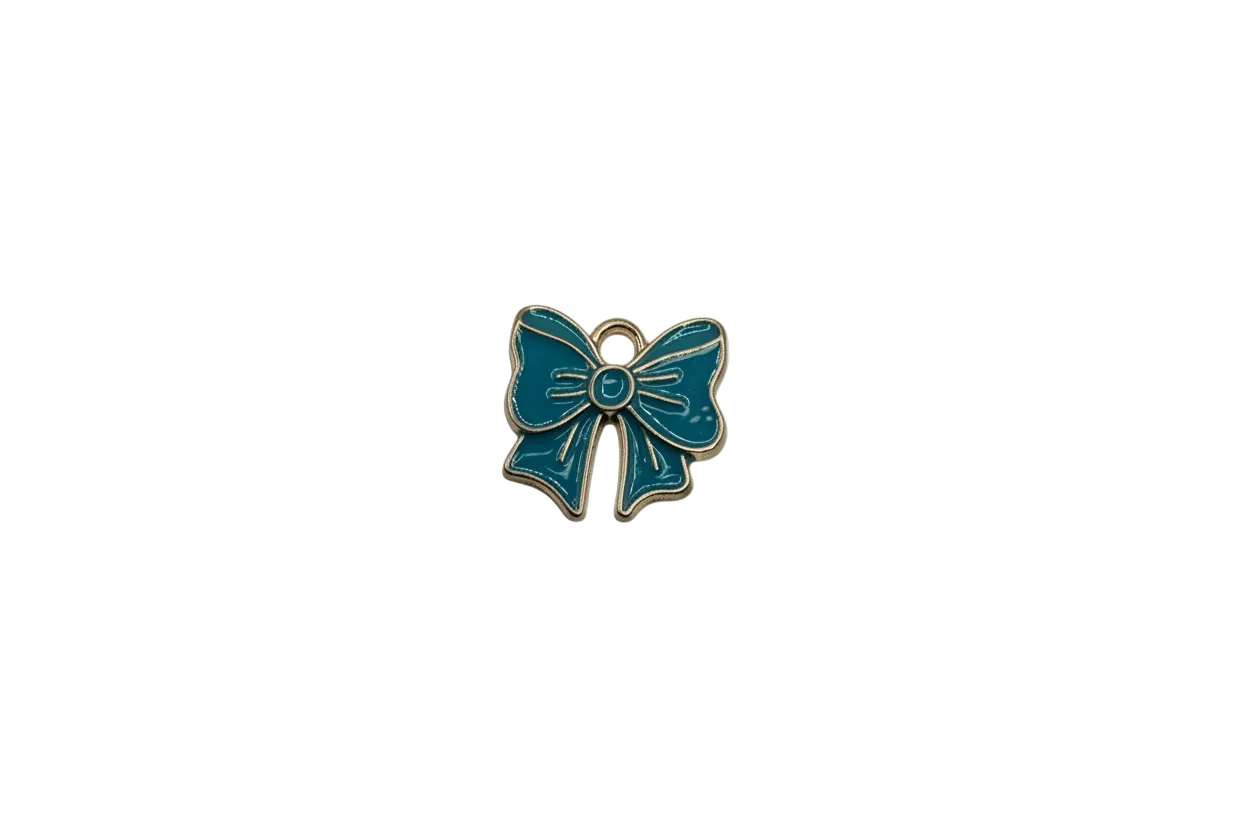 Teal ribbon bow with gold-toned outline
