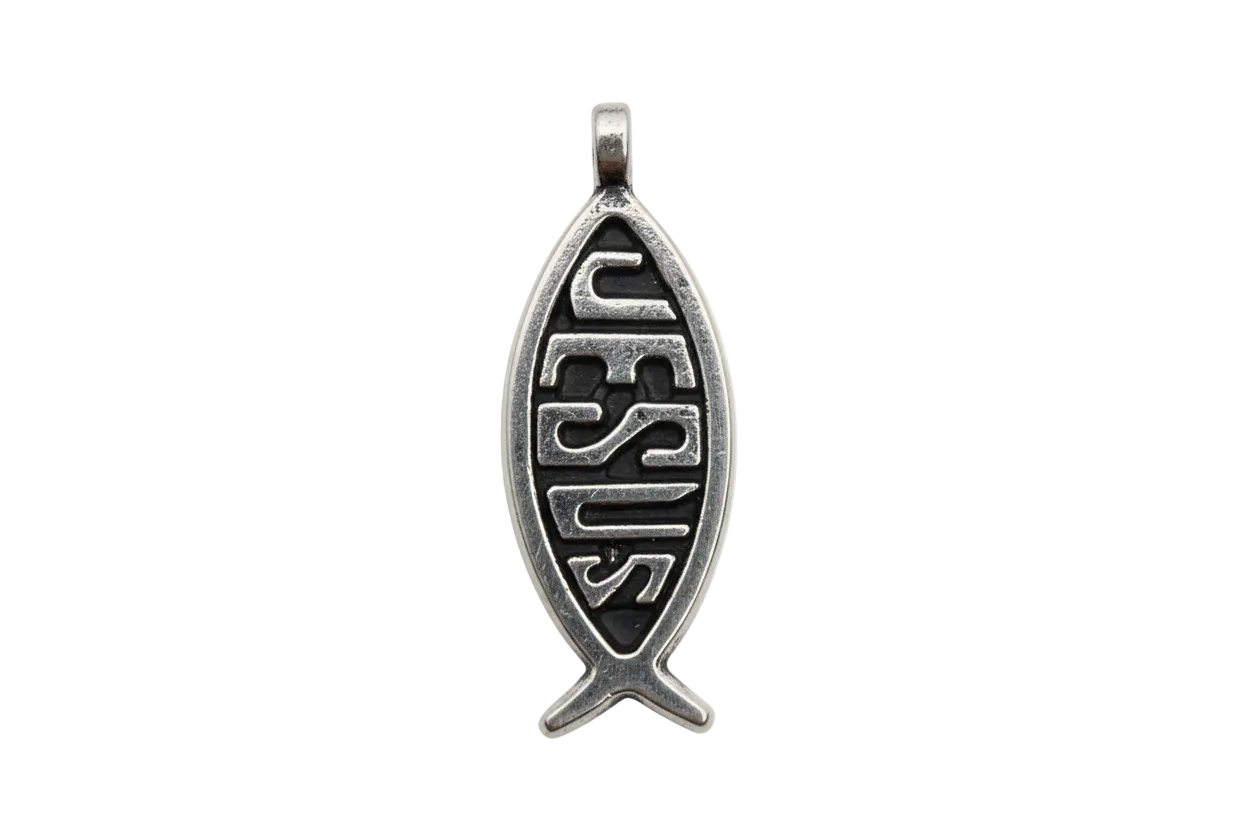Antiqued silver ichthys fish charm with raised JESUS lettering and darkened details