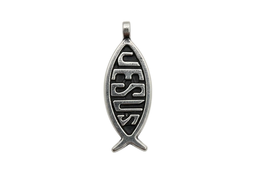 Antiqued silver ichthys fish charm with raised JESUS lettering and darkened details