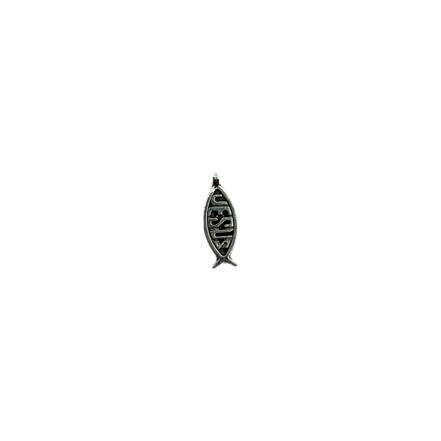 Antiqued silver ichthys fish with JESUS lettering