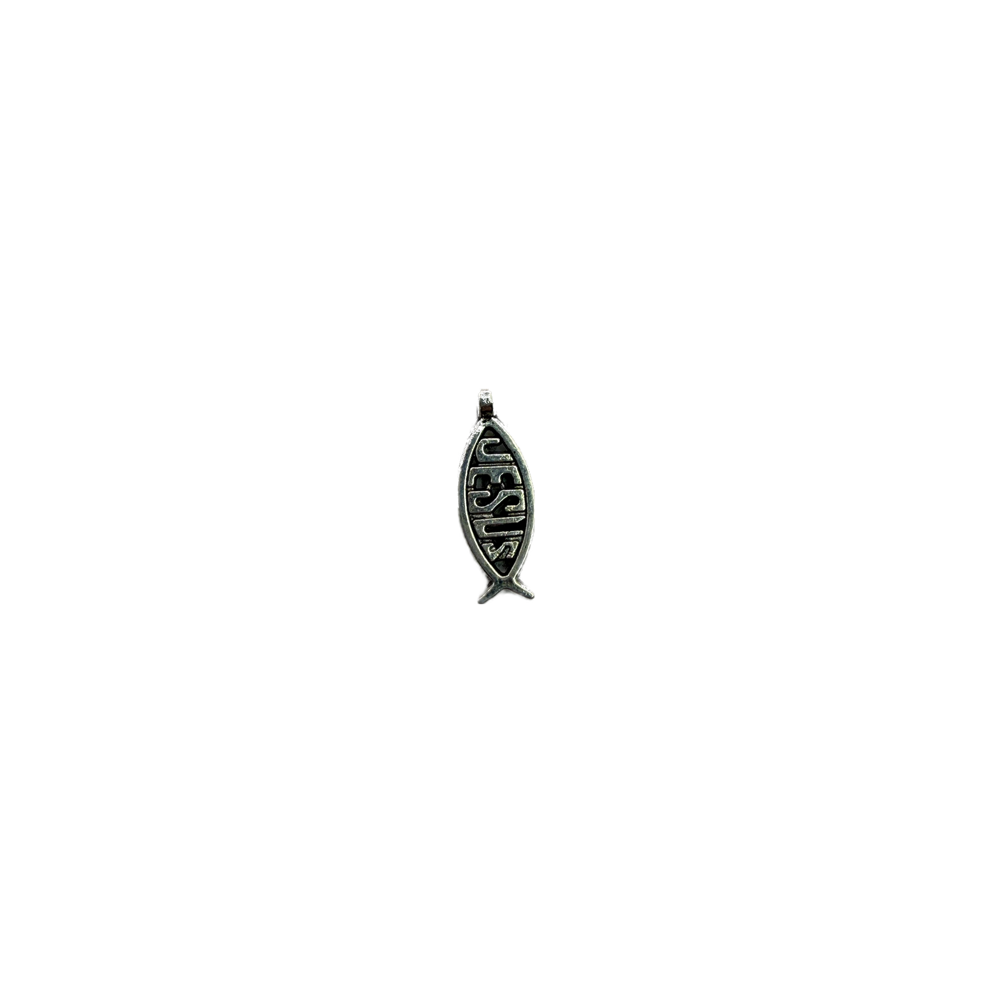 Antiqued silver ichthys fish with JESUS lettering