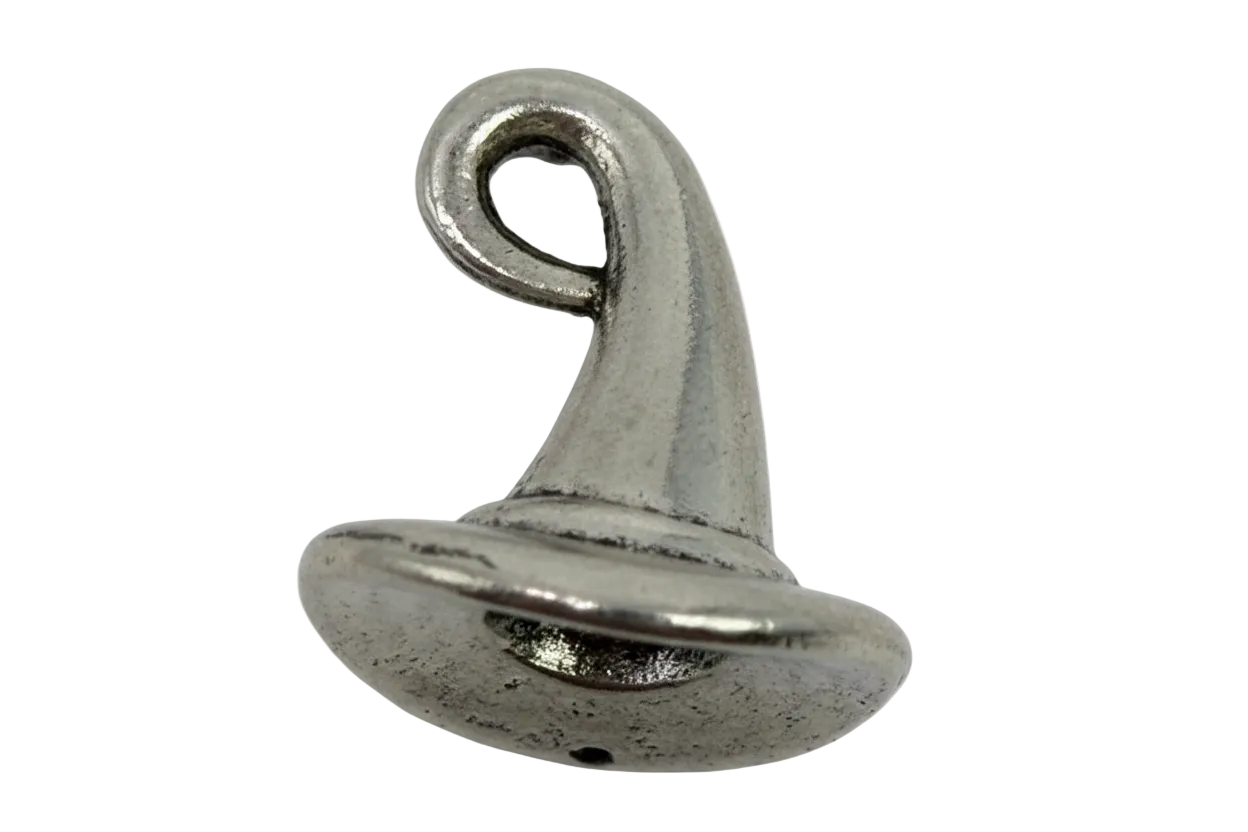 Antiqued silver pointed hat with curved tip and wide brim, sculpted metal finish