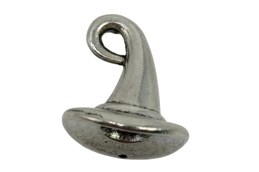 Antiqued silver pointed hat with curved tip and wide brim, sculpted metal finish