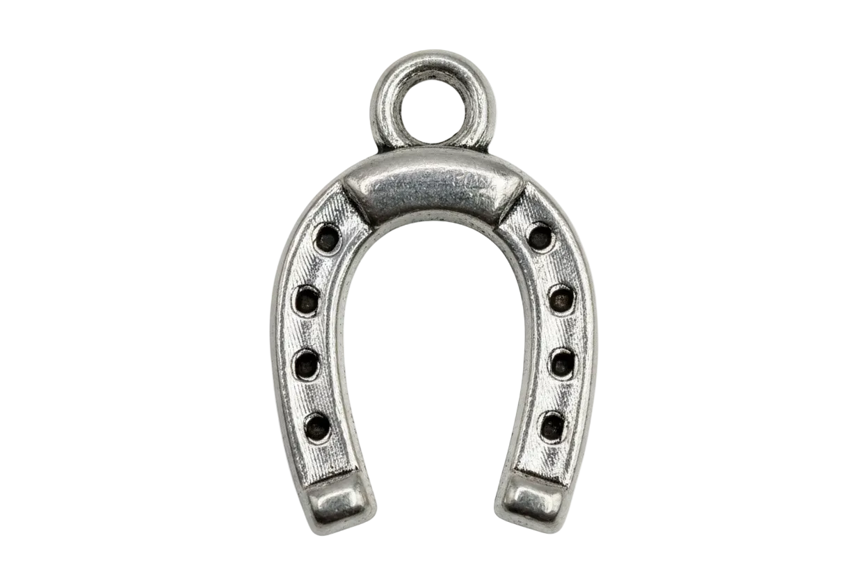 Silver-tone horseshoe charm with etched texture and dark stud details