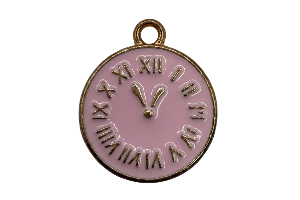 Pink enamel clock face with raised gold roman numerals and hands