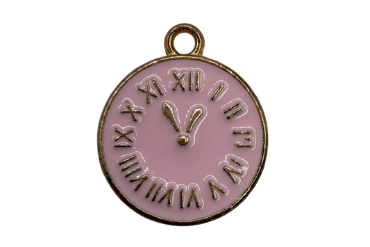 Pink enamel clock face with raised gold roman numerals and hands