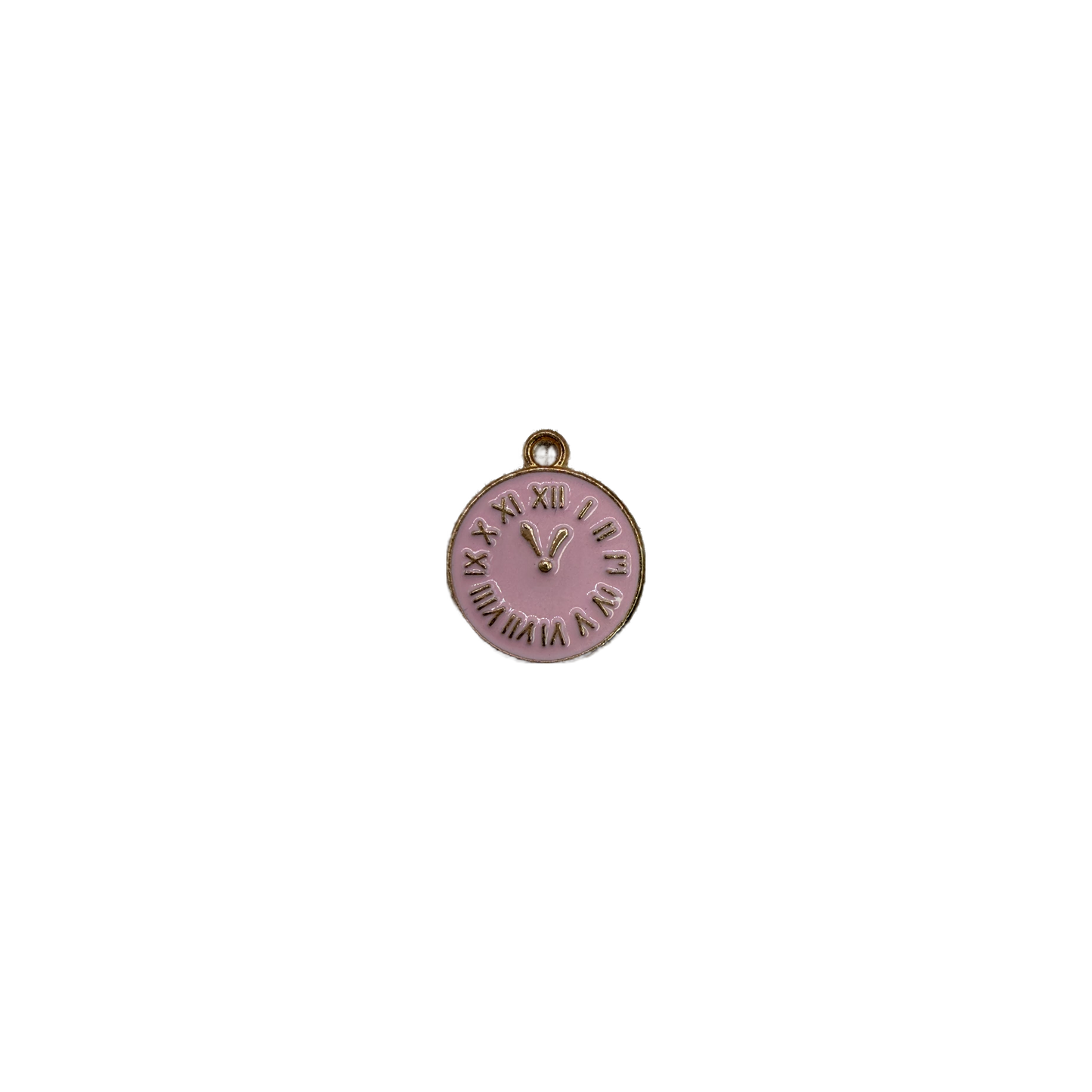 Pink clock face with raised gold roman numerals