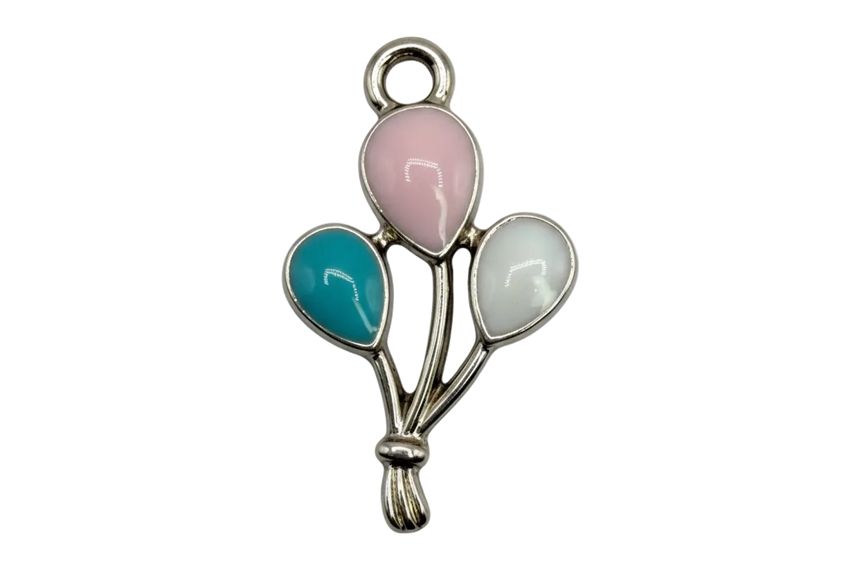 Gold balloon bouquet charm with glossy pink, teal, and pearly white balloons