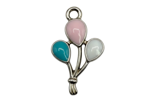 Gold balloon bouquet charm with glossy pink, teal, and pearly white balloons
