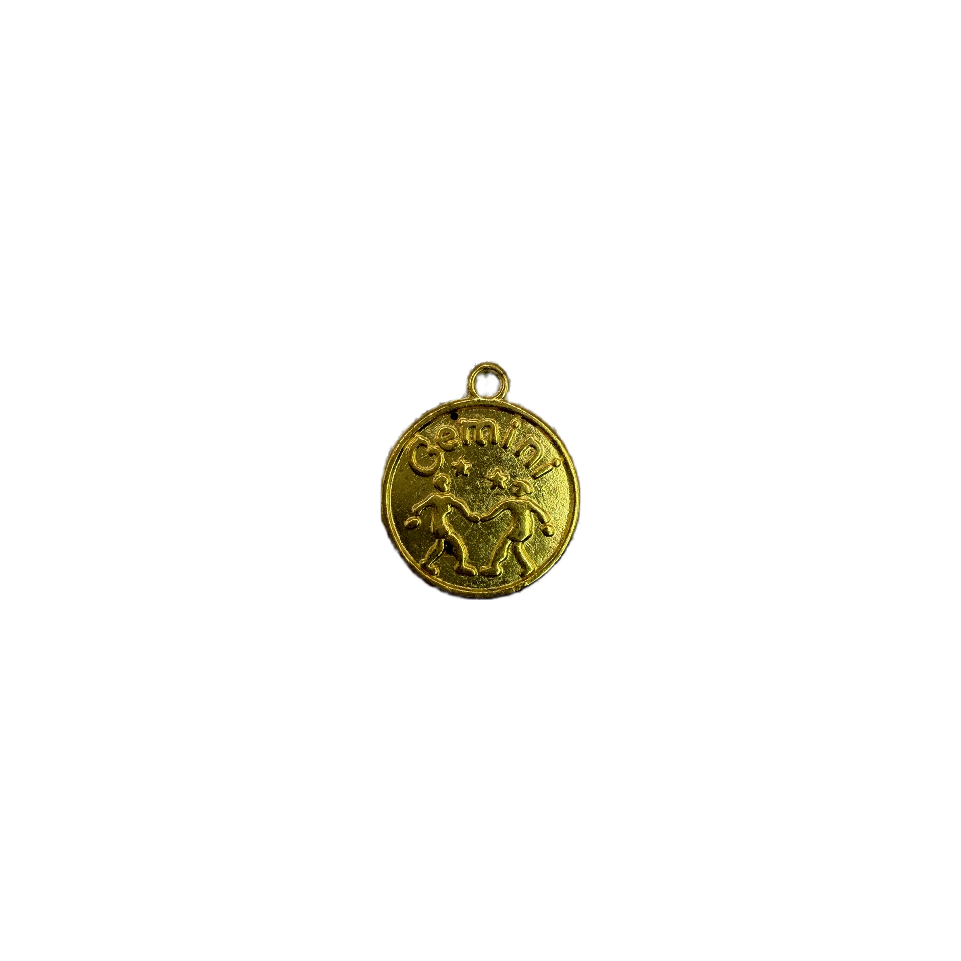 Gold Gemini zodiac coin with twin figures and stars