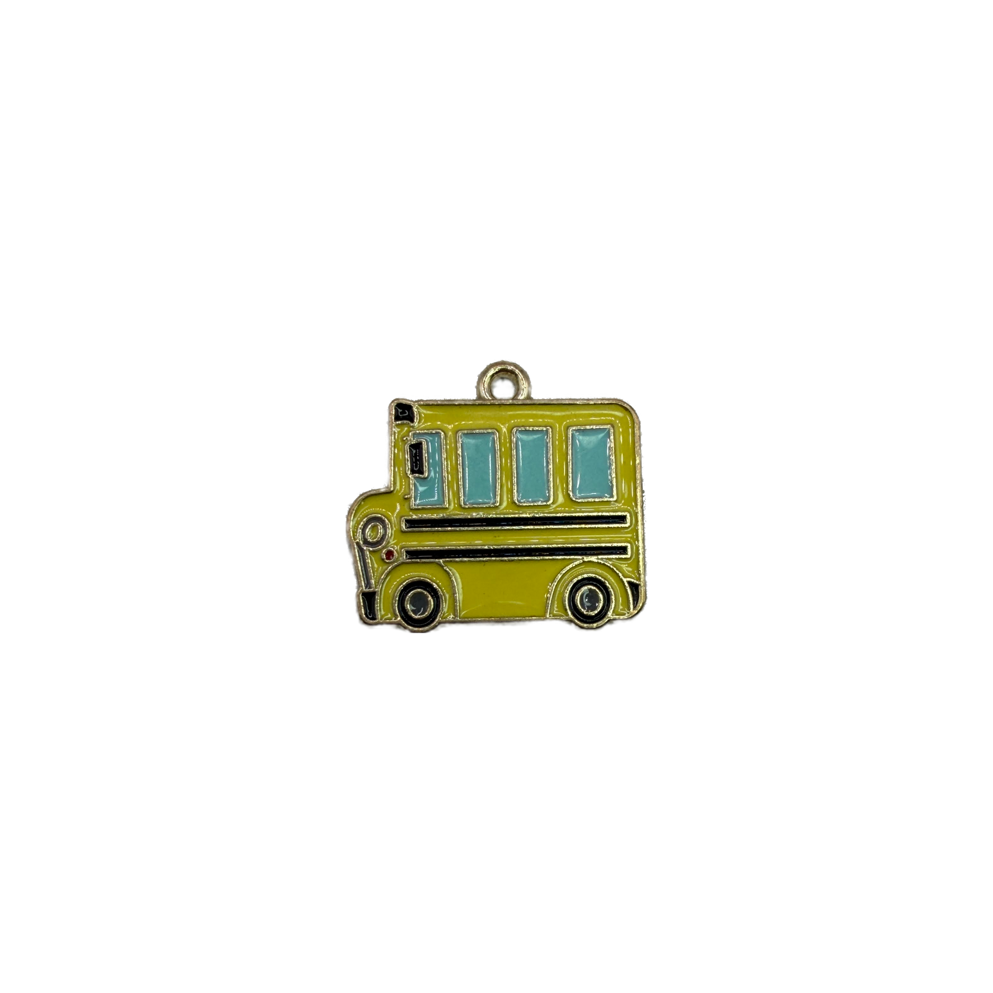 Yellow school bus with blue windows and gold outline