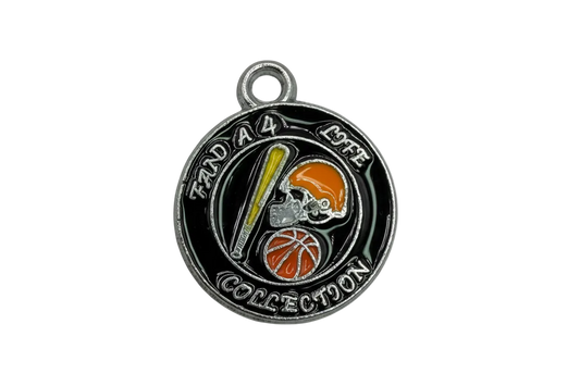 Round black enamel sports medallion with silver text and orange helmet, orange basketball, and yellow bat