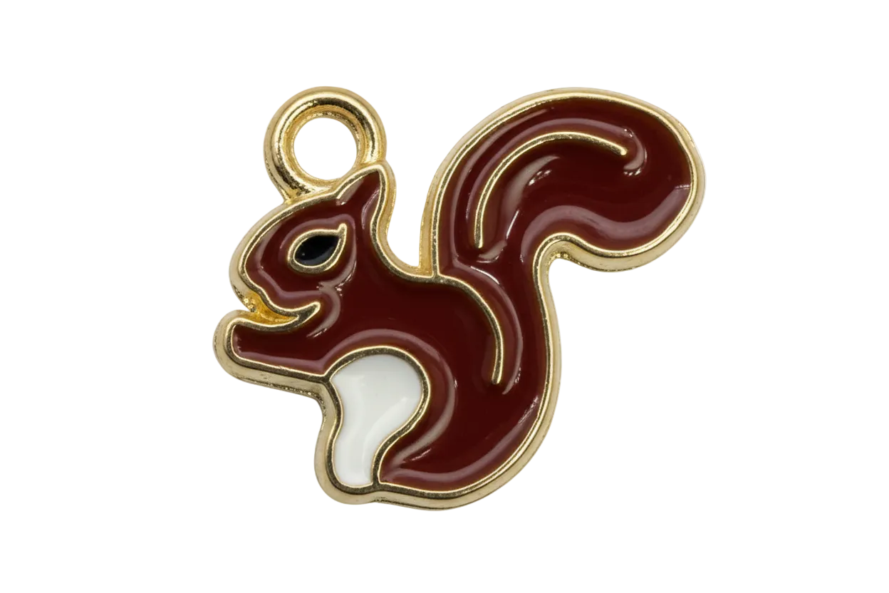 Chestnut red and cream enamel squirrel silhouette with gold outline