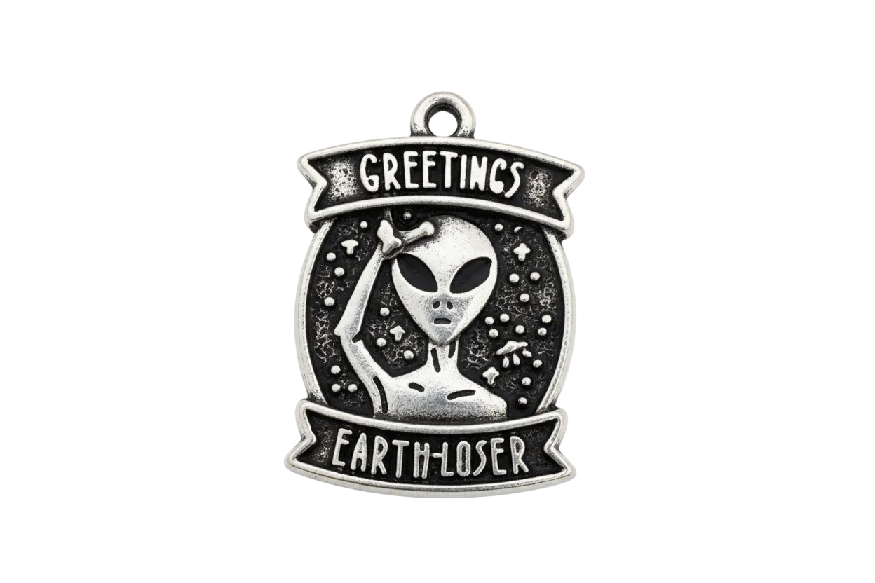 Antique silver alien badge with black background and banner text, retro sci-fi style