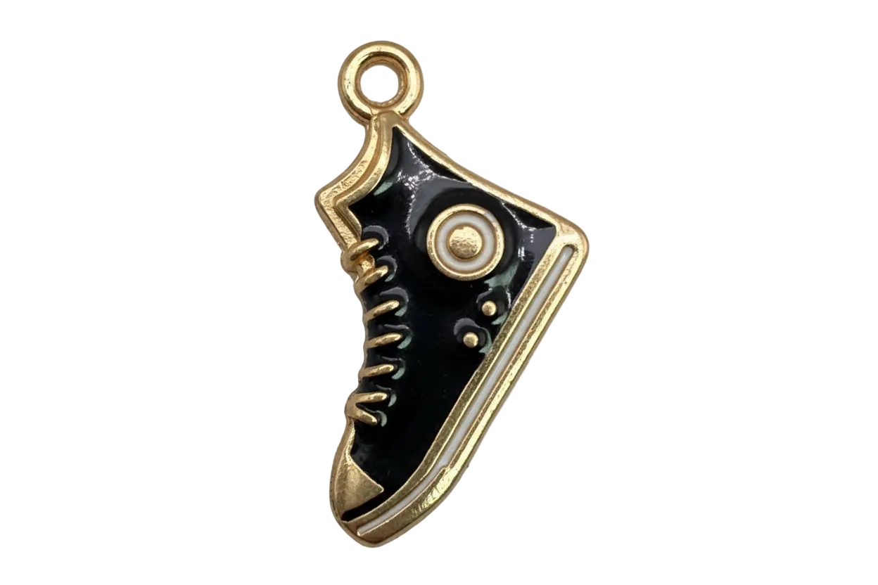 Black enamel high-top sneaker charm with gold outline and white stripe detail