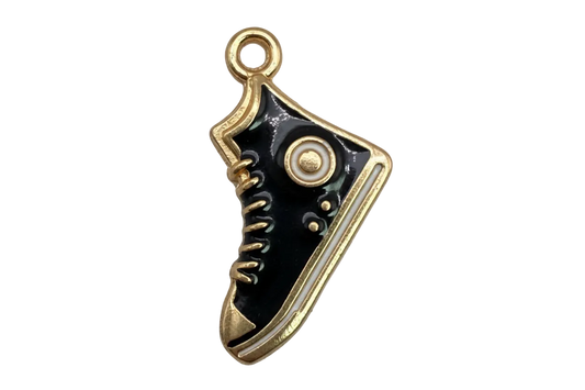 Black enamel high-top sneaker charm with gold outline and white stripe detail