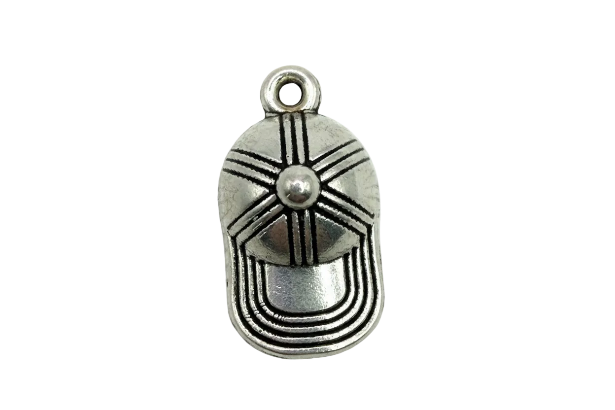 Silver baseball cap charm with engraved panel lines and curved brim