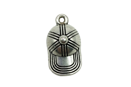 Silver baseball cap charm with engraved panel lines and curved brim