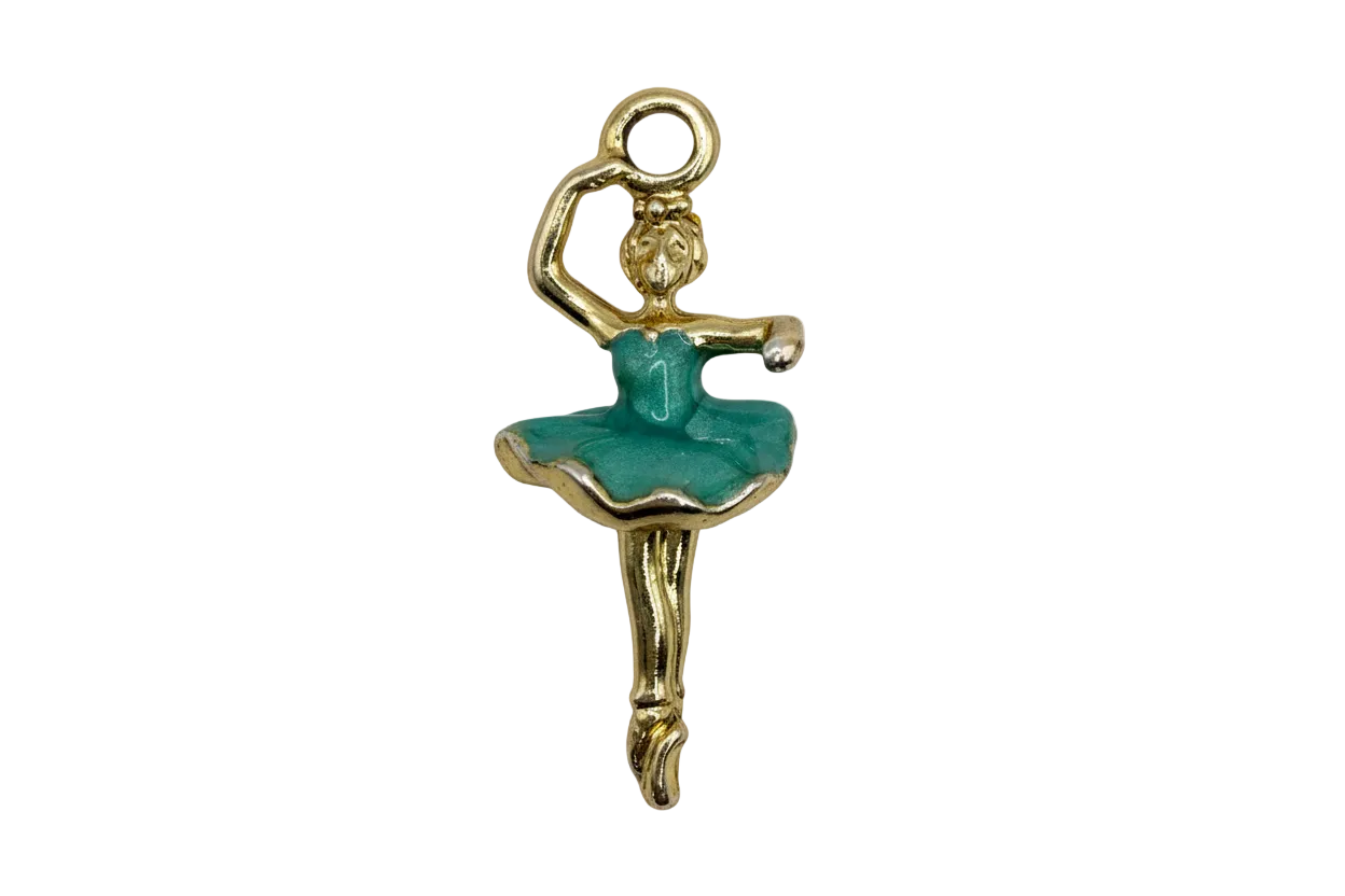 Gold ballet dancer charm with glossy teal enamel tutu and raised figure detailing