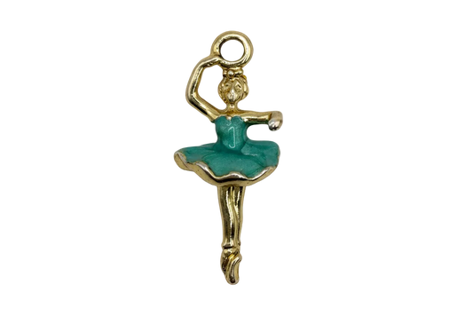 Gold ballet dancer charm with glossy teal enamel tutu and raised figure detailing