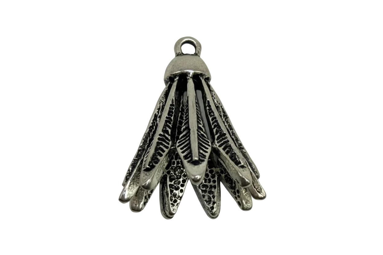 Oxidized silver layered fringe fan charm with textured panels and darkened detailing