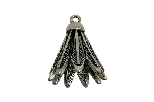 Oxidized silver layered fringe fan charm with textured panels and darkened detailing
