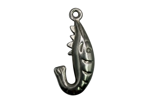 Antiqued silver fish pendant with curled tail and sculpted fin details