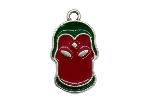 Glossy red apple motif with green accents and a small clear square gem, silver outline