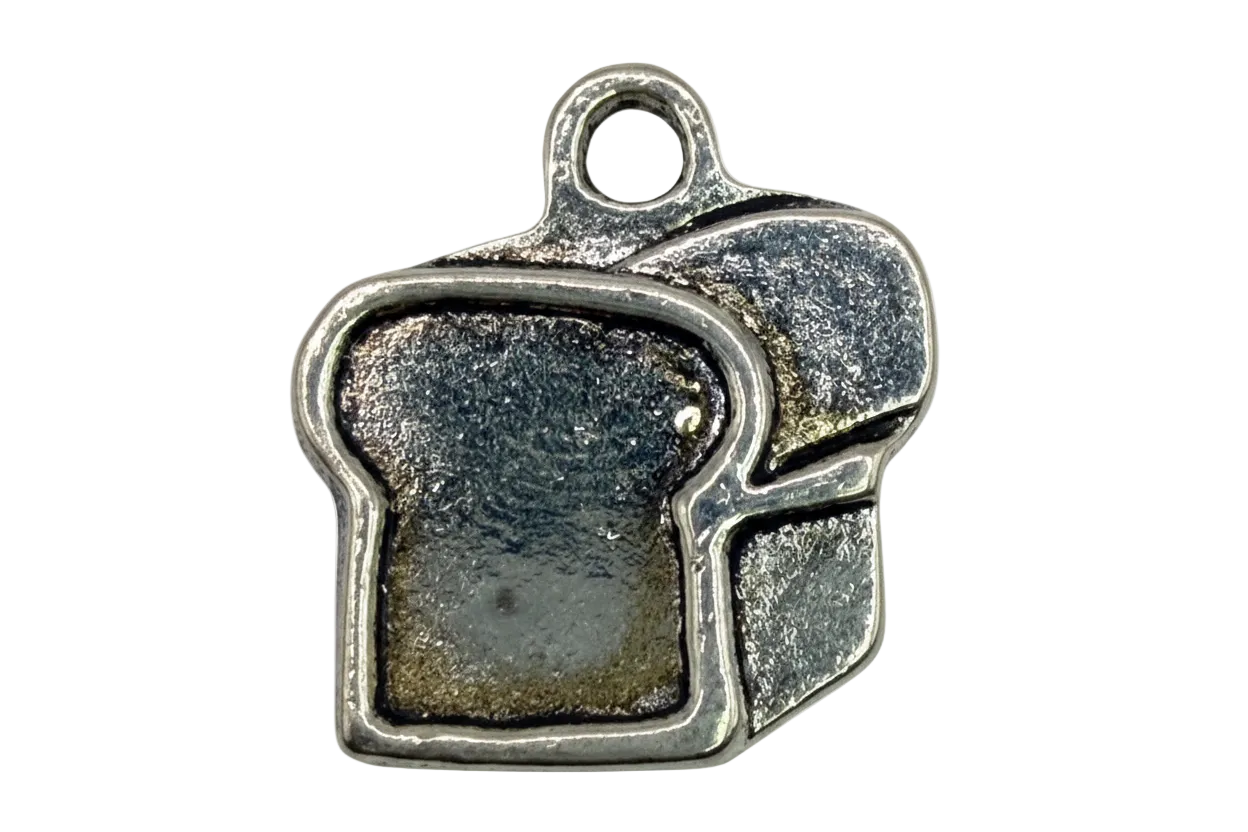 Textured silver toast slice stack charm with oxidized, vintage-style finish