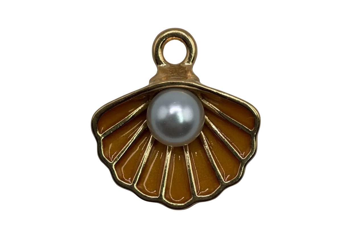 Gold scallop shell charm with amber enamel segments and a gray pearl-like center