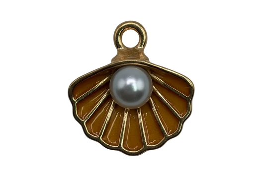 Gold scallop shell charm with amber enamel segments and a gray pearl-like center